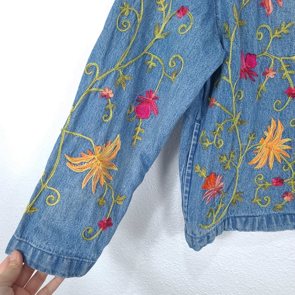 Tantrums Blue Denim Button-Down Jacket with Orange & Red Floral Embroidery - Picture 6 of 13